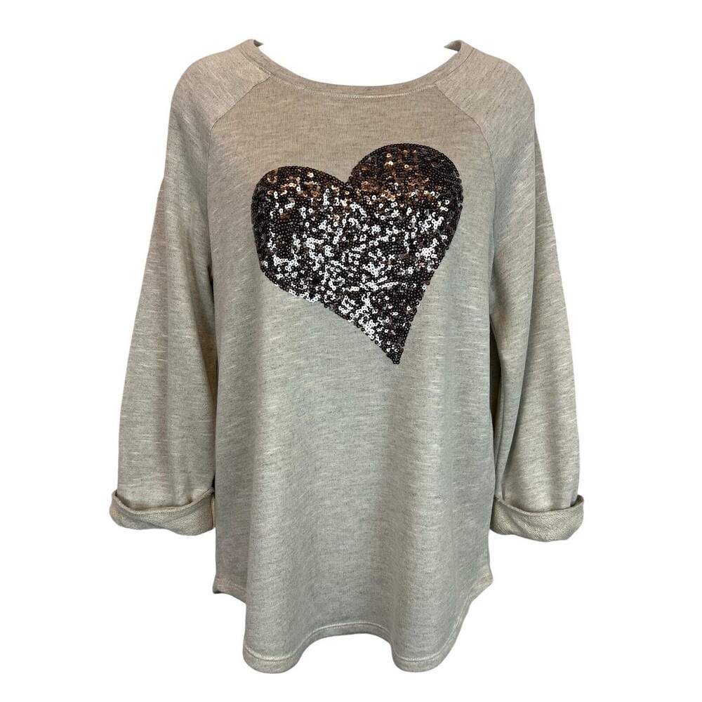 INC Heather Gray Sequin Heart Pull-over French Terry Sweater Top Size M